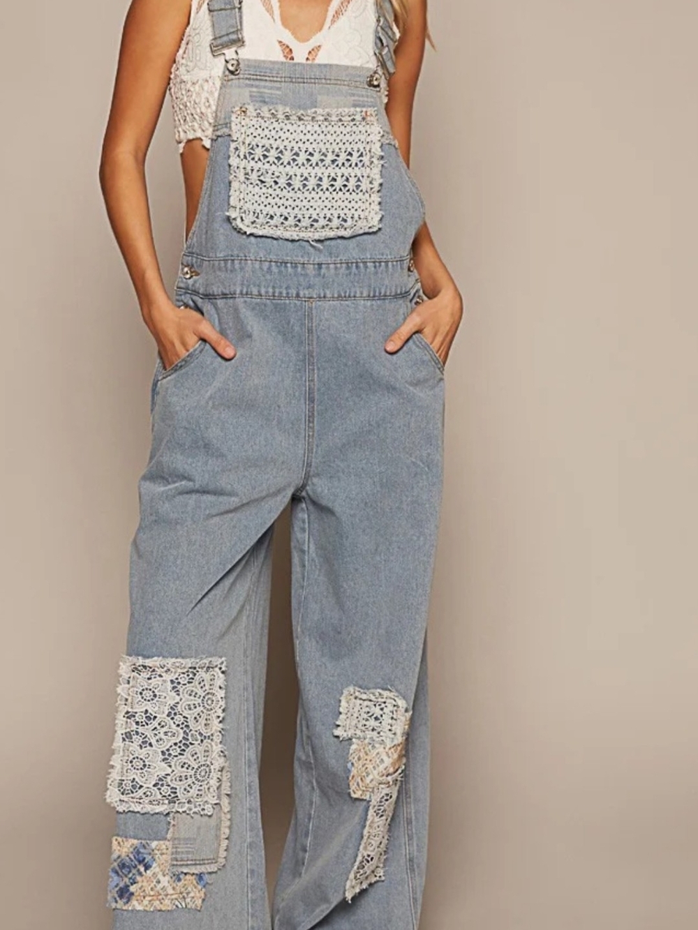Denim Lace Patch Overalls - Light Blue Women Jeans